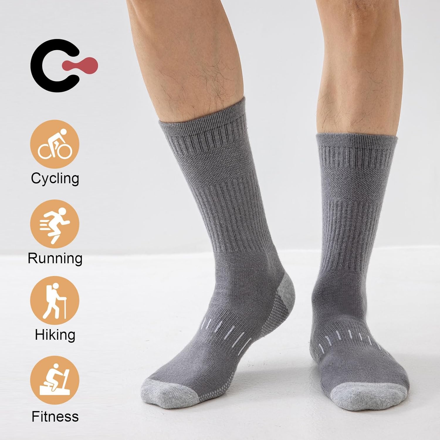 Graue Sportsocken für Herren, ideal zum Radfahren, Laufen, Wandern und Fitness.