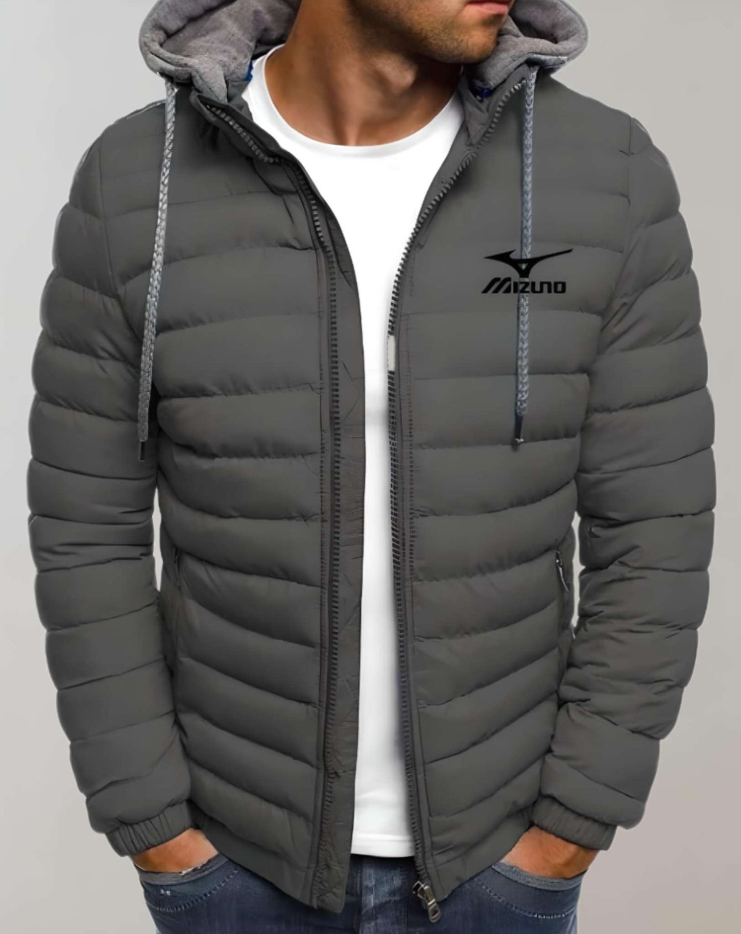 Graue Mizuno-Daunenjacke für Herren, Kapuze, Reißverschluss, sportlich, warm.