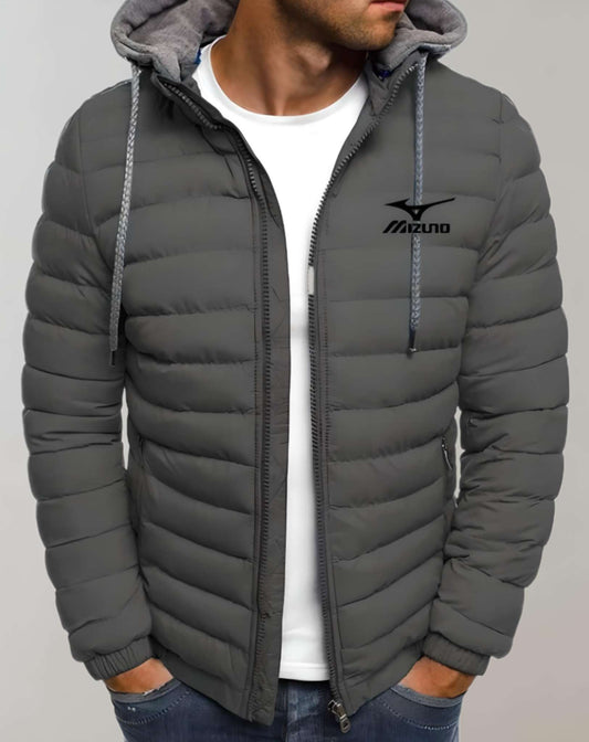 Graue Mizuno-Daunenjacke für Herren, Kapuze, Reißverschluss, sportlich, warm.