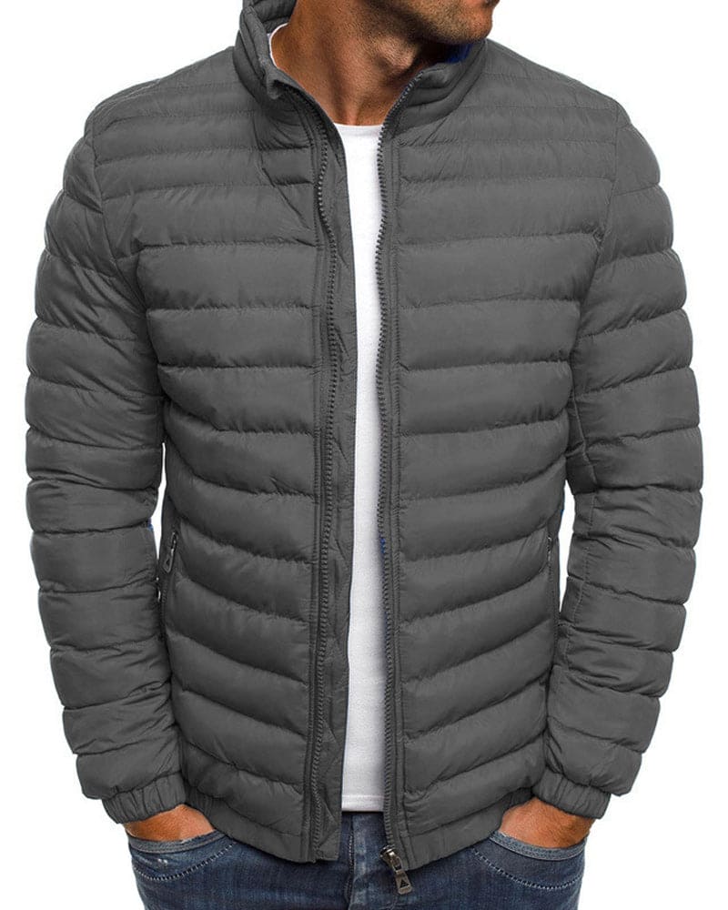 Graue Herren-Daunenjacke, gesteppt, Reißverschluss, modisch, warm, Winterbekleidung.