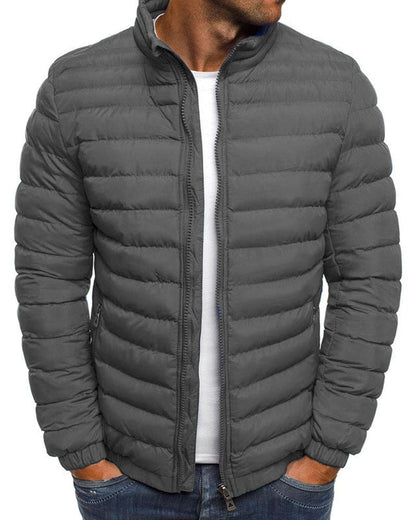 Graue Herren-Daunenjacke, gesteppt, Reißverschluss, modisch, warm, Winterbekleidung.