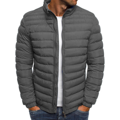 Graue Herren-Daunenjacke, Stehkragen, Reißverschluss, modisch, warm, Winterbekleidung.