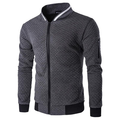 Dunkelgraue Herren-Bomberjacke, gesteppter Stoff, Reißverschluss, modisch, lässig.