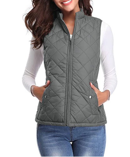 Damen Steppweste grau, ärmellos, Reißverschluss, Freizeitmode, Herbstbekleidung, elegant.