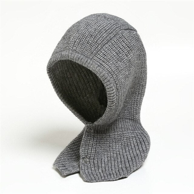Graue gestrickte Kapuze aus Baumwolle, unisex, warm, ideal für Winter, Outdoor-Aktivitäten.