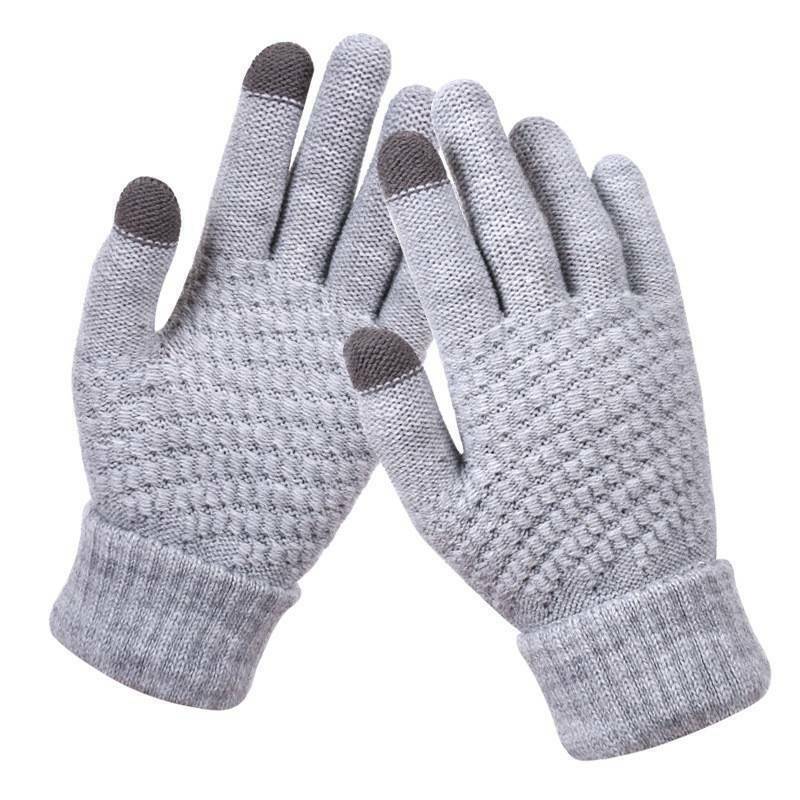 Graue Touchscreen-Handschuhe, gestrickt, mit rutschfestem Muster, ideal für Smartphones.