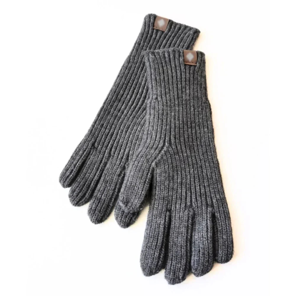 Graue Strickhandschuhe aus Wolle mit Lederdetails, warm und stilvoll für den Winter.