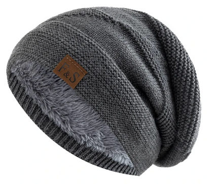 Graue Strickmütze mit Fleecefutter, Wintermütze, warm, modisch, Unisex, Accessoire.