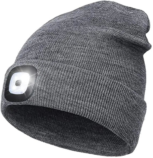 Graue LED-Strickmütze, wiederaufladbar, ideal für Outdoor-Aktivitäten bei Nacht.