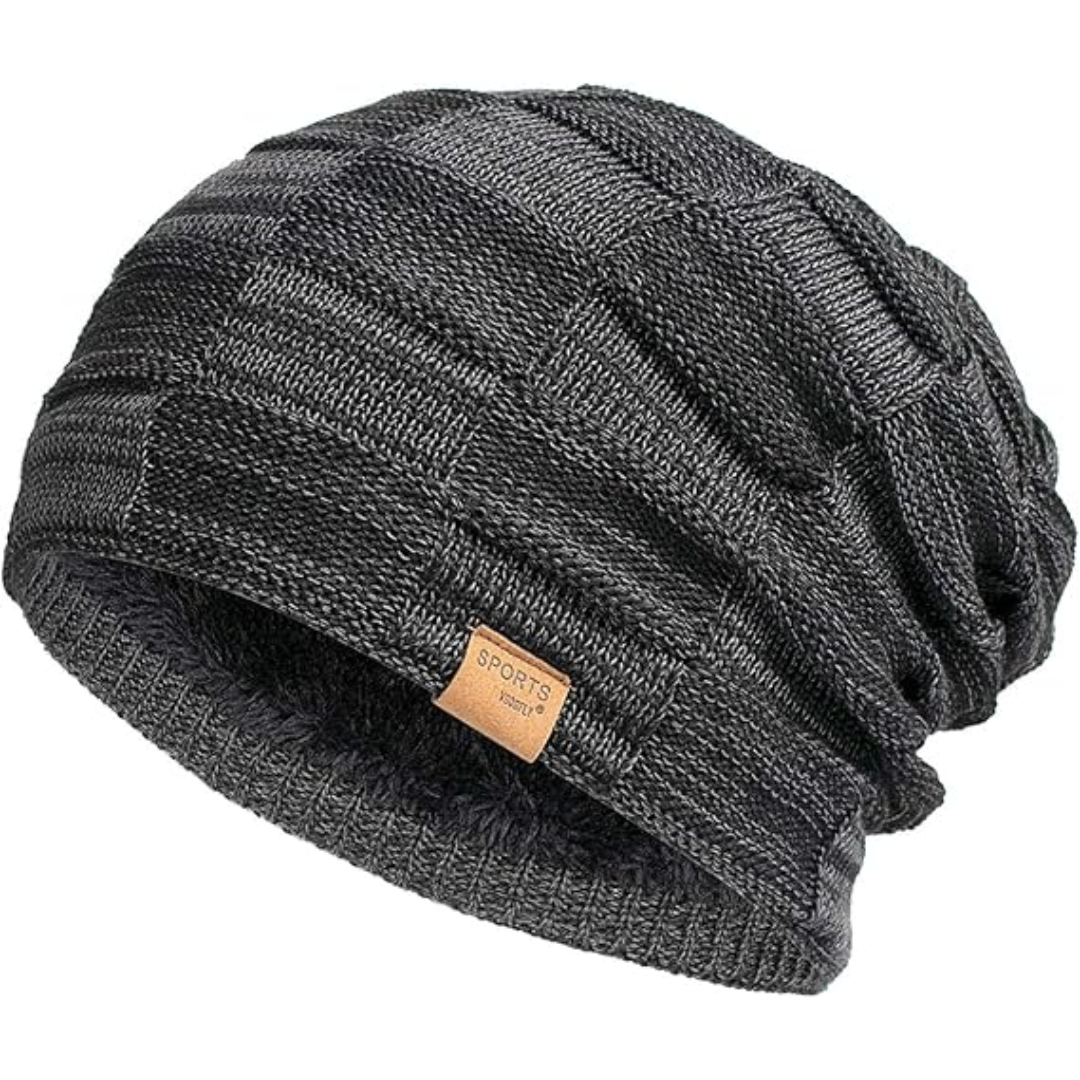 Dunkelgraue Strickmütze, Wintermütze, Herrenmode, warm, stilvoll, Freizeitkleidung.
