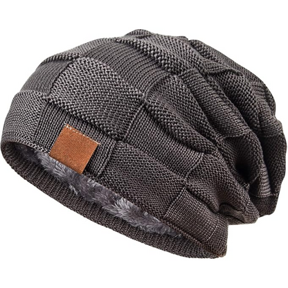 Braune Strickmütze aus Wolle, warm gefüttert, ideal für Winter, Unisex-Design.