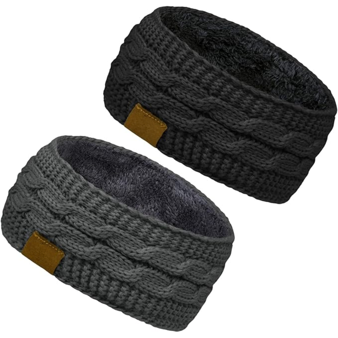 Zwei gestrickte Stirnbänder, grau und schwarz, mit Fleece-Futter, ideal für Wintermode.