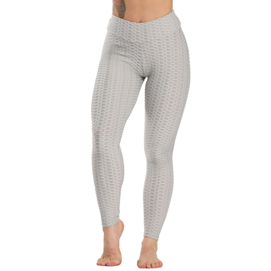 Graue Damen-Leggings mit Wabenmuster, hoch tailliert, elastisch, ideal für Fitness und Yoga.