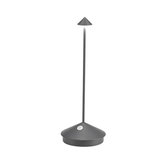 Graue LED-Tischlampe, modern, minimalistisch, Metall, dimmbar, für Büro oder Wohnzimmer.