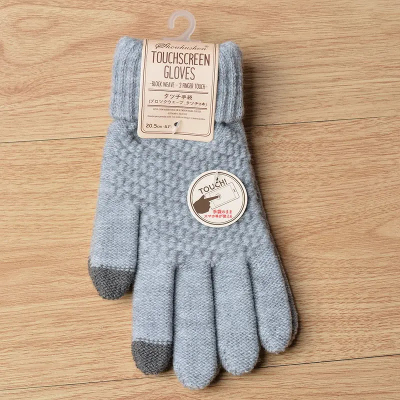Graue Touchscreen-Handschuhe aus Wolle mit Etikett, rutschfest, für Smartphones geeignet.