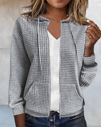 Grauer Kapuzenpullover Damen, Waffelstruktur, Reißverschluss, Freizeitmode, Baumwolle.
