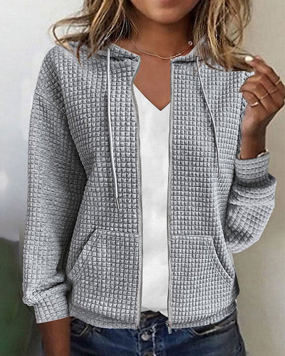 Grauer Kapuzenpullover Damen, Waffelstruktur, Reißverschluss, Freizeitmode, Herbstbekleidung