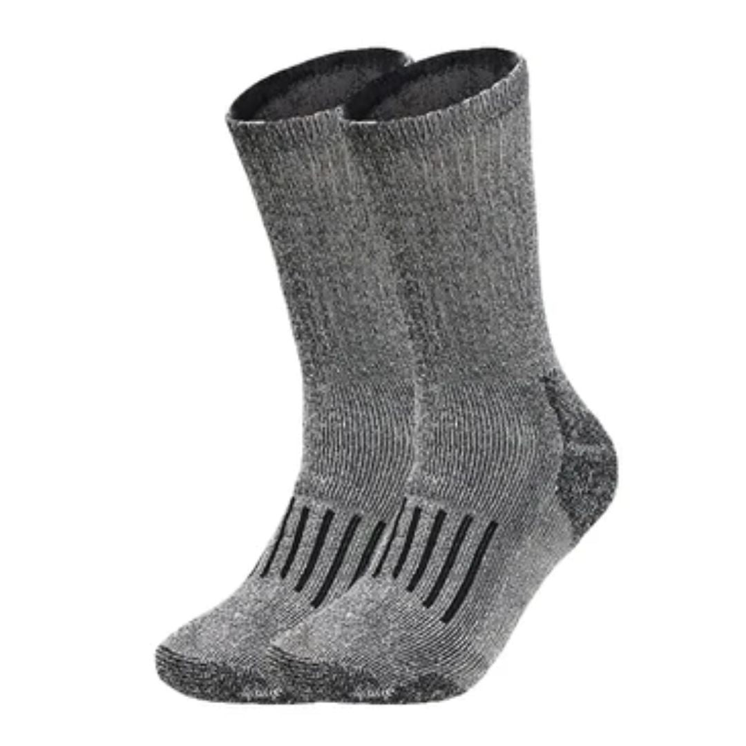 Graue Thermosocken aus Wolle, warm, atmungsaktiv, ideal für Outdoor-Aktivitäten.