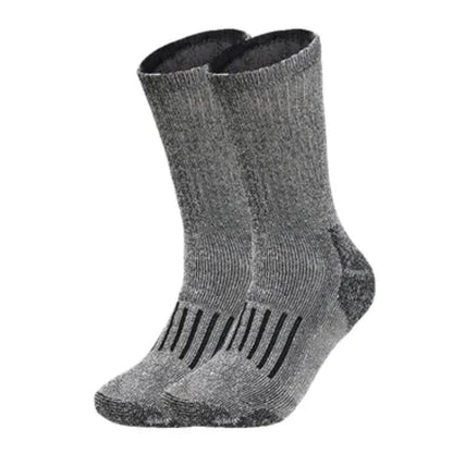 Graue Thermosocken aus Wolle, warm, atmungsaktiv, ideal für Outdoor-Aktivitäten.