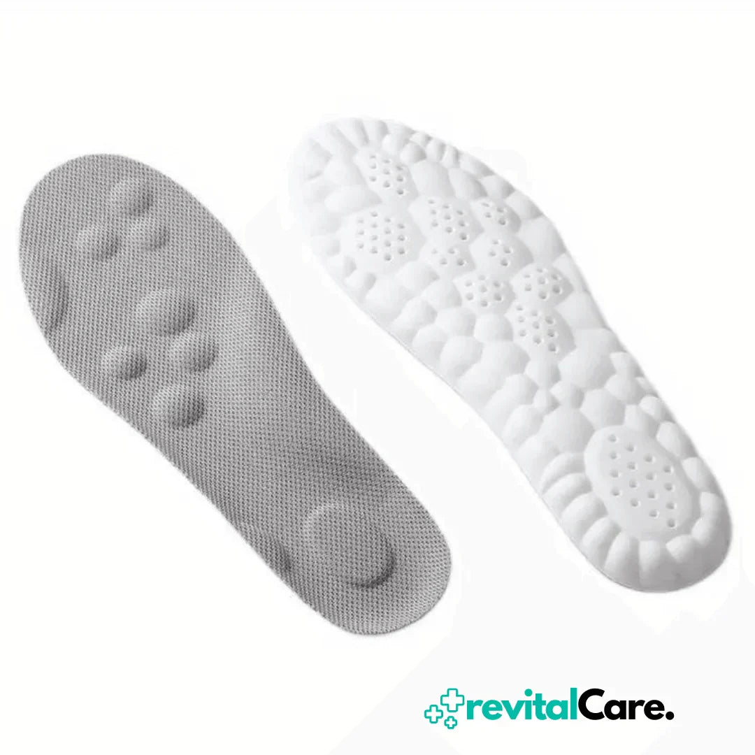Graue und weiße orthopädische Einlegesohlen, ergonomisch, für Komfort und Unterstützung.