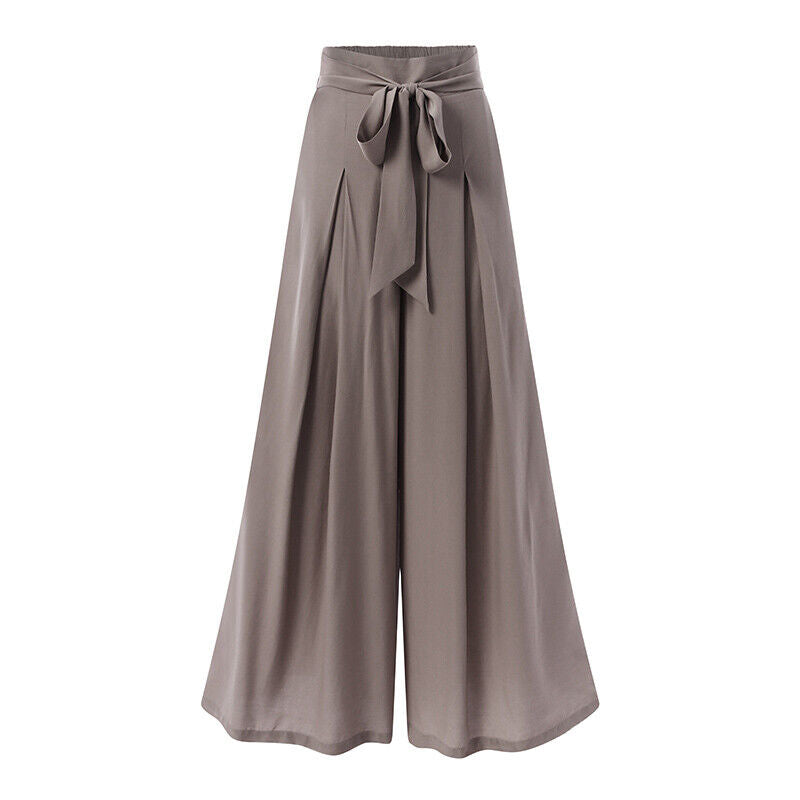 Graue Damen Palazzo-Hose mit hoher Taille und Schleife, elegant, weit geschnitten, aus Baumwolle.