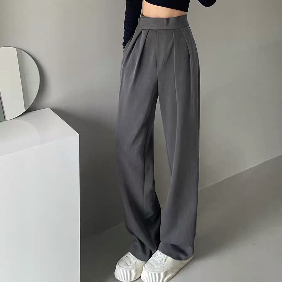 Graue Damenhose, weites Bein, hohe Taille, eleganter Stil, aus Polyester, modisch, bequem.