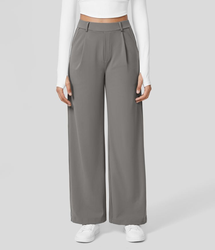 Graue Damenhose, weites Bein, hoher Bund, eleganter Look, ideal für Büro oder Freizeit.