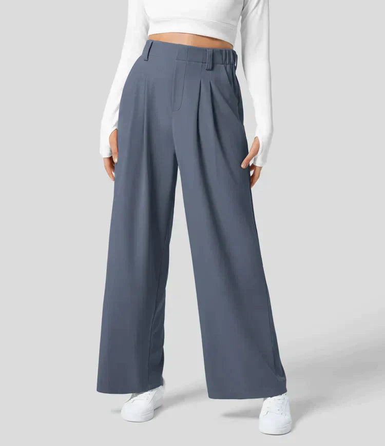 Damenhose, blau, weit geschnitten, elegant, aus Stoff, modisch, ideal für Büro oder Freizeit.