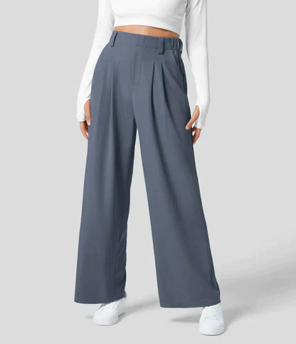 Damenhose, blau, weit geschnitten, elegant, aus Stoff, modisch, ideal für Büro oder Freizeit.