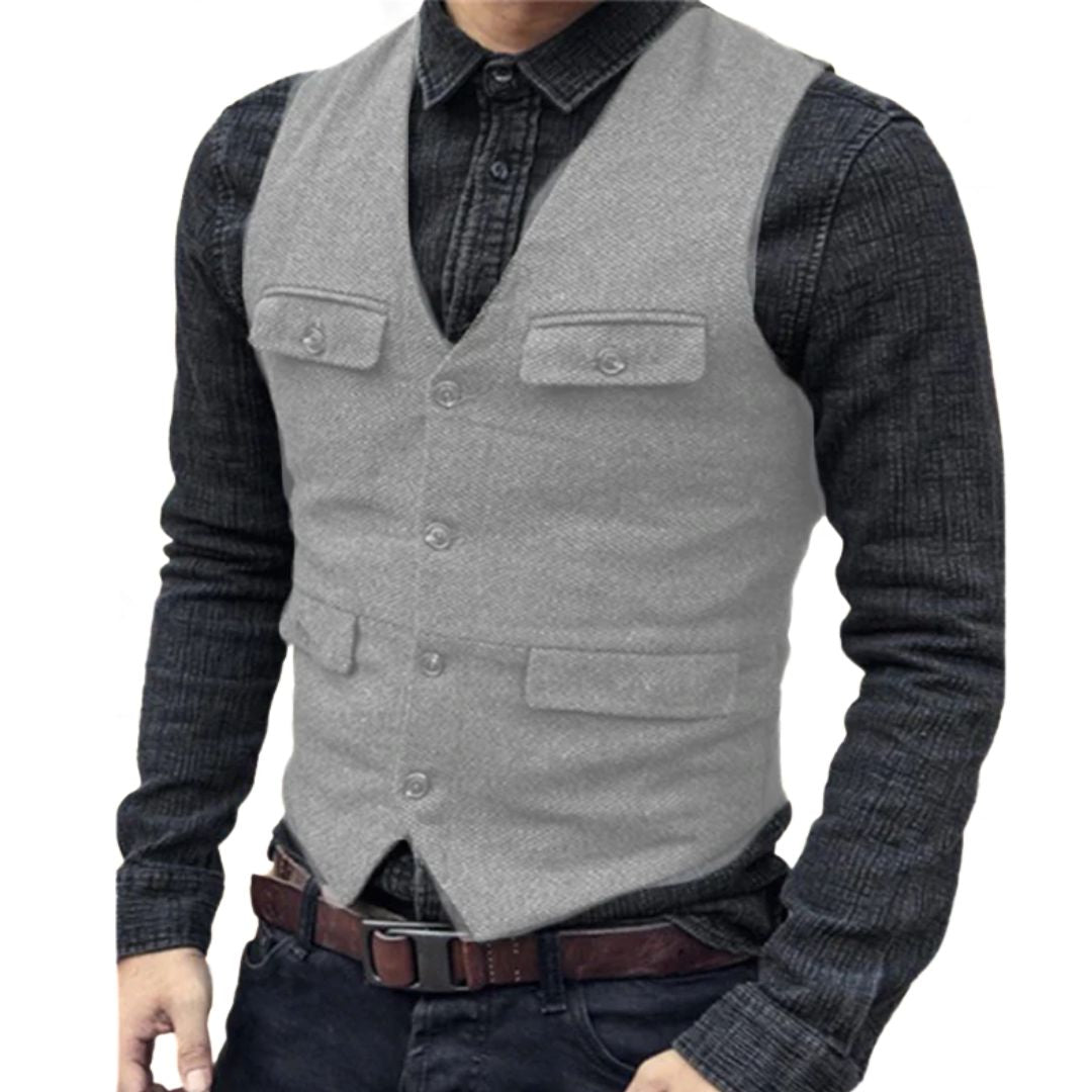 Männer Weste grau, elegantes Design, Baumwolle, Freizeitmode, Herrenbekleidung, Knopfleiste.