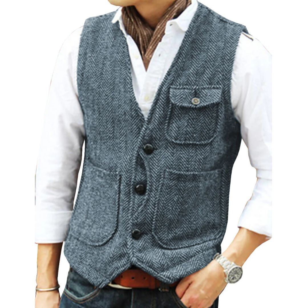 Herren Tweed Weste, grau, Fischgrätmuster, Knöpfe, modisch, elegant, Freizeitkleidung.