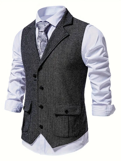 Graue Herrenweste mit Fischgrätmuster, elegantes Design, ideal für formelle Anlässe.