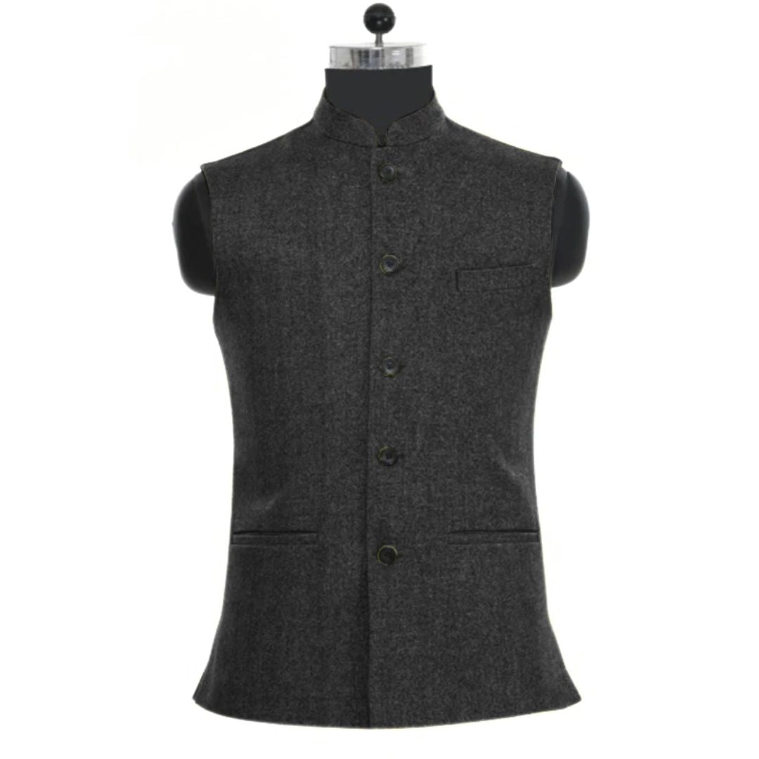 Dunkelgraue Herrenweste, ärmellos, Stehkragen, Knopfleiste, elegantes Design, Anzugweste.