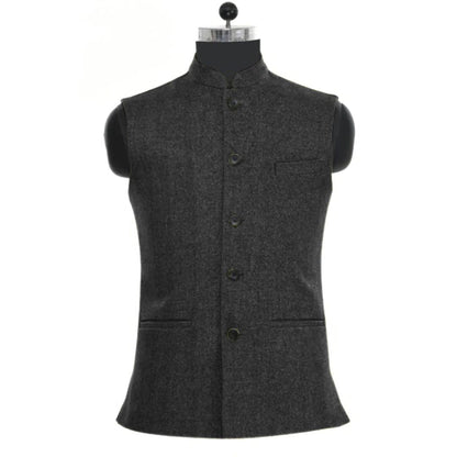 Dunkelgraue Herrenweste, ärmellos, Stehkragen, Knopfleiste, elegantes Design, Anzugweste.