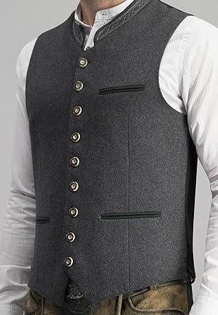Graue Herren-Trachtenweste mit Knöpfen, traditionelles Design, ideal für Oktoberfest.