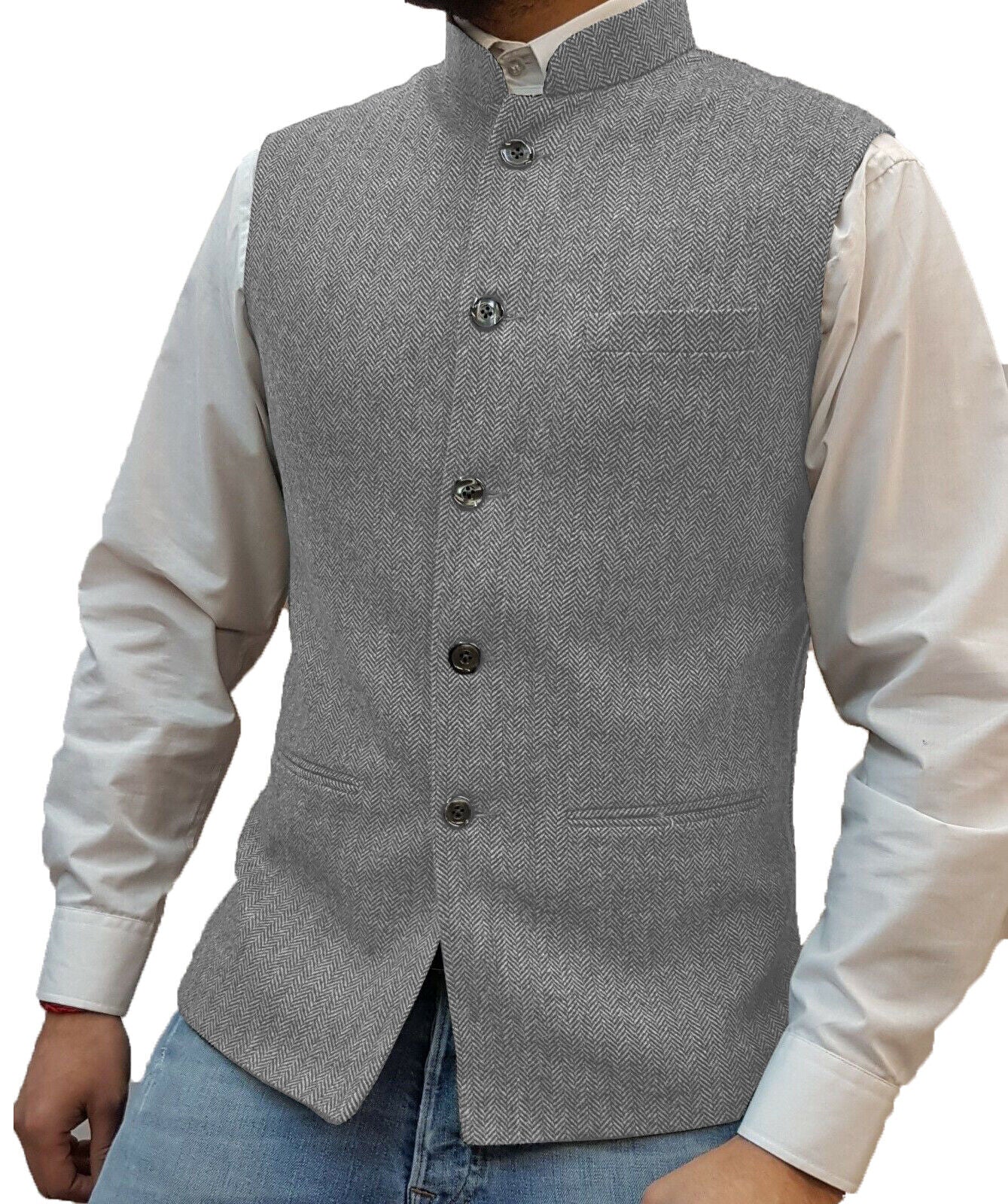 Graue Herrenweste aus Tweed, ärmellos, mit Knopfleiste, elegantes Design, für formelle Anlässe.
