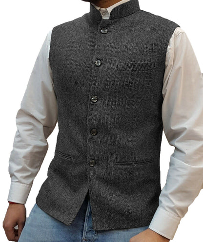 Graue Herrenweste aus Tweed, ärmellos, mit Knopfleiste, ideal für formelle Anlässe.
