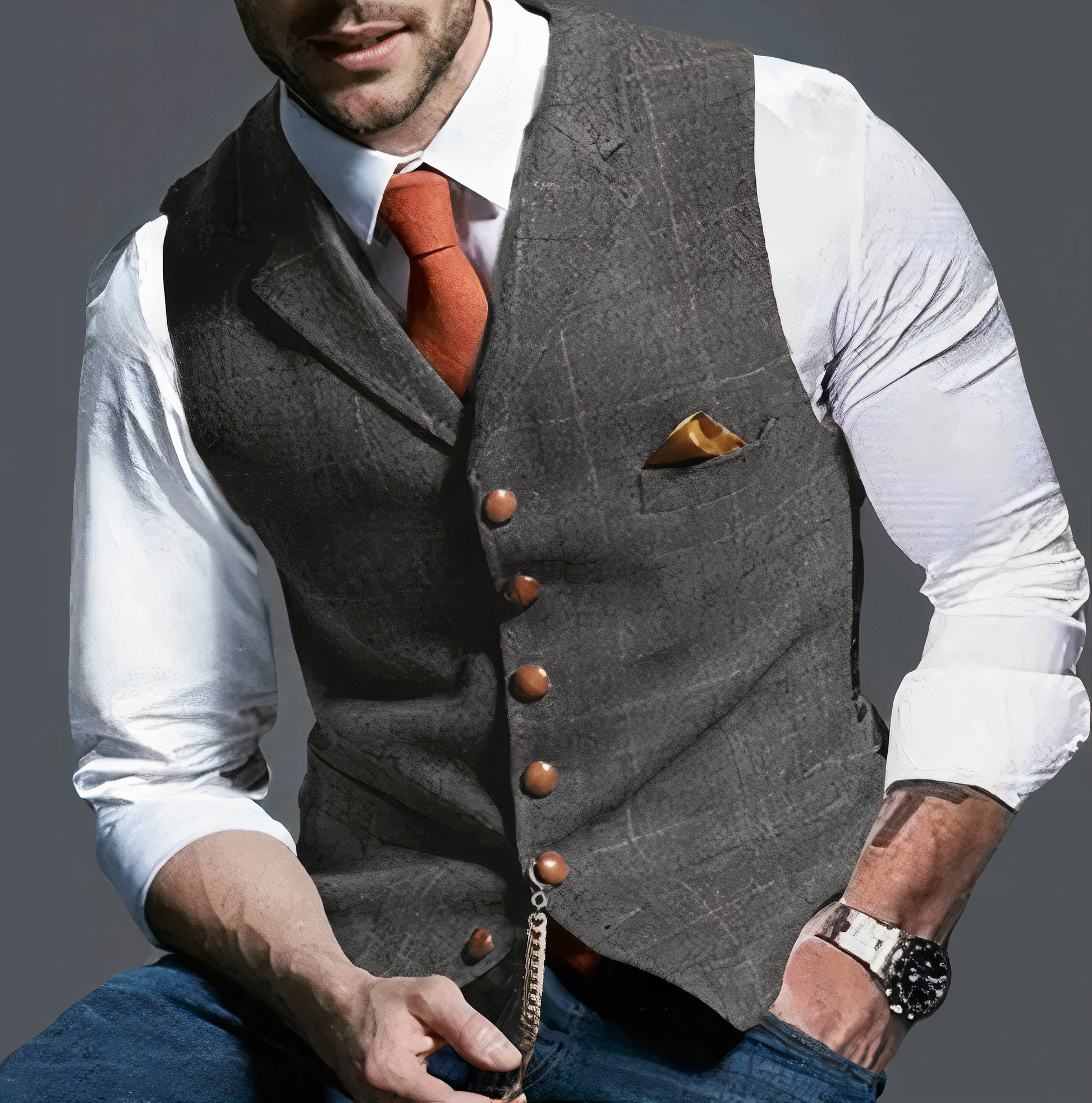 Mann in grauer Weste mit orangefarbener Krawatte und Einstecktuch, eleganter Herrenstil.