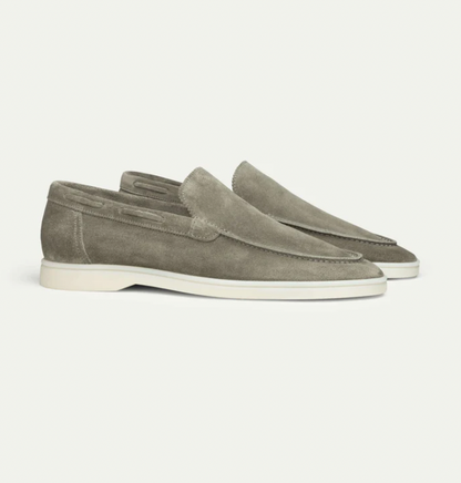 Graue Herren-Lederloafer, Wildleder, elegante Freizeitschuhe, rutschfeste Sohle, stilvoll.