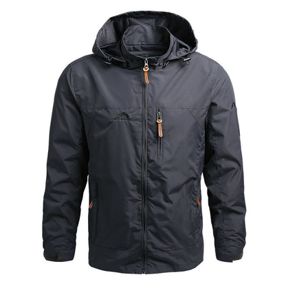 Graue Herrenjacke mit Kapuze, Reißverschluss, wasserabweisend, Outdoor-Bekleidung.
