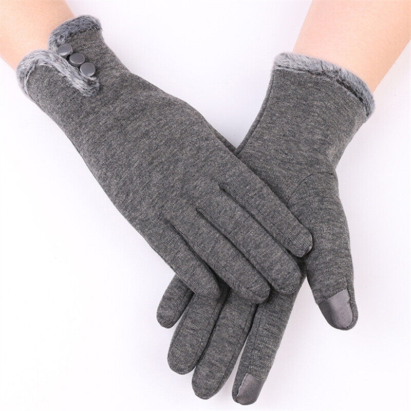 Graue Damenhandschuhe mit Kunstfellbesatz, Touchscreen-kompatibel, elegant und warm.