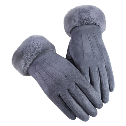 Graue Damenhandschuhe aus Wildleder mit Kunstfellfutter, winterfest, elegant.