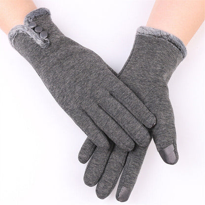 Graue Damenhandschuhe mit Touchscreen-Funktion, Fleece-Futter, Knopfdetails, Wintermode.