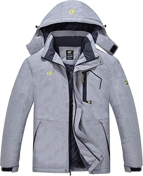 Graue wasserdichte Herren-Skijacke mit Kapuze, Reißverschlusstaschen, winddicht, atmungsaktiv.