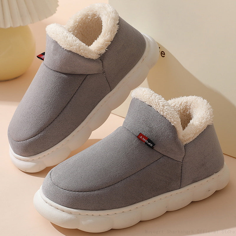 Graue Winter-Hausschuhe mit Plüschfutter, rutschfeste Sohle, warm, bequem, Unisex.
