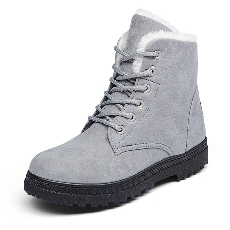 Graue Winterstiefel mit Fellfutter, modisch, rutschfeste Sohle, Damenstiefel, warm.