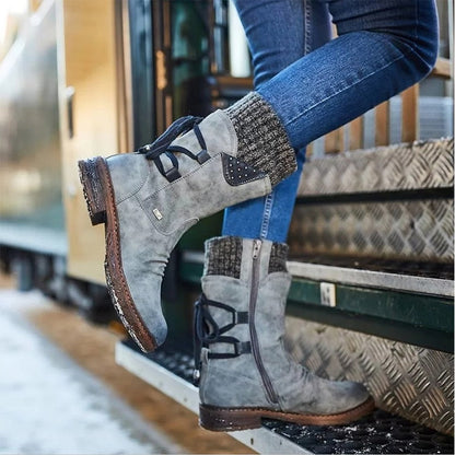 Damen Winterstiefel, grau, Leder, mit Reißverschluss, warm gefüttert, modisch, robust.