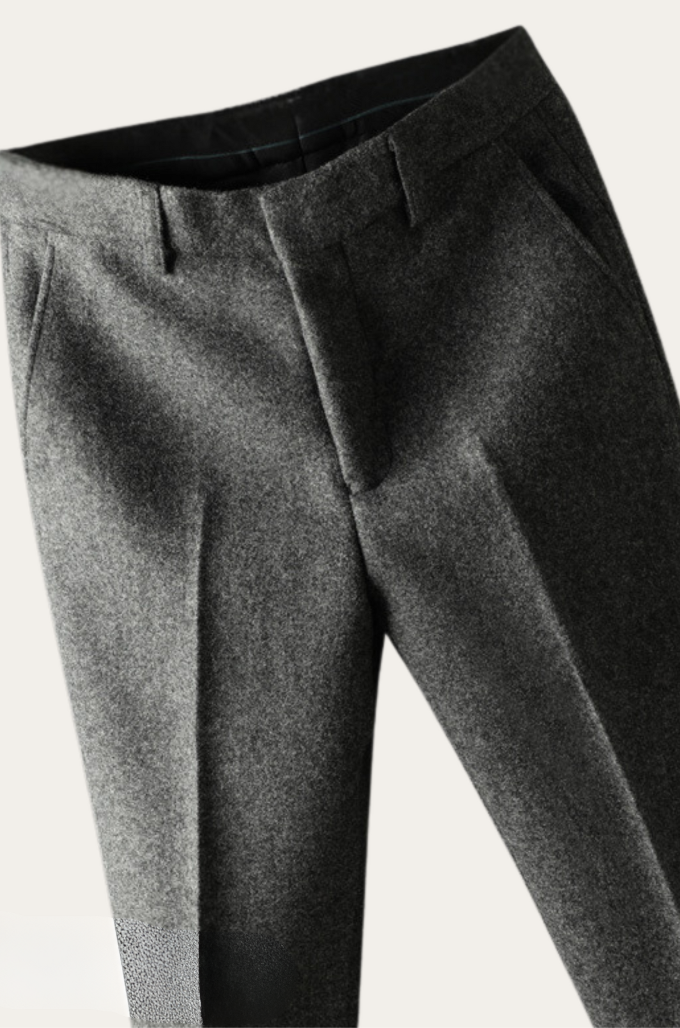 Graue Wollhose für Herren, elegante Anzughose, klassische Businessmode, hochwertige Stoffqualität.