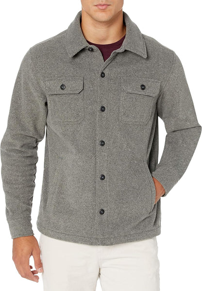 Graue Herrenjacke aus Wolle mit Knopfleiste und Brusttaschen, lässiger Stil.