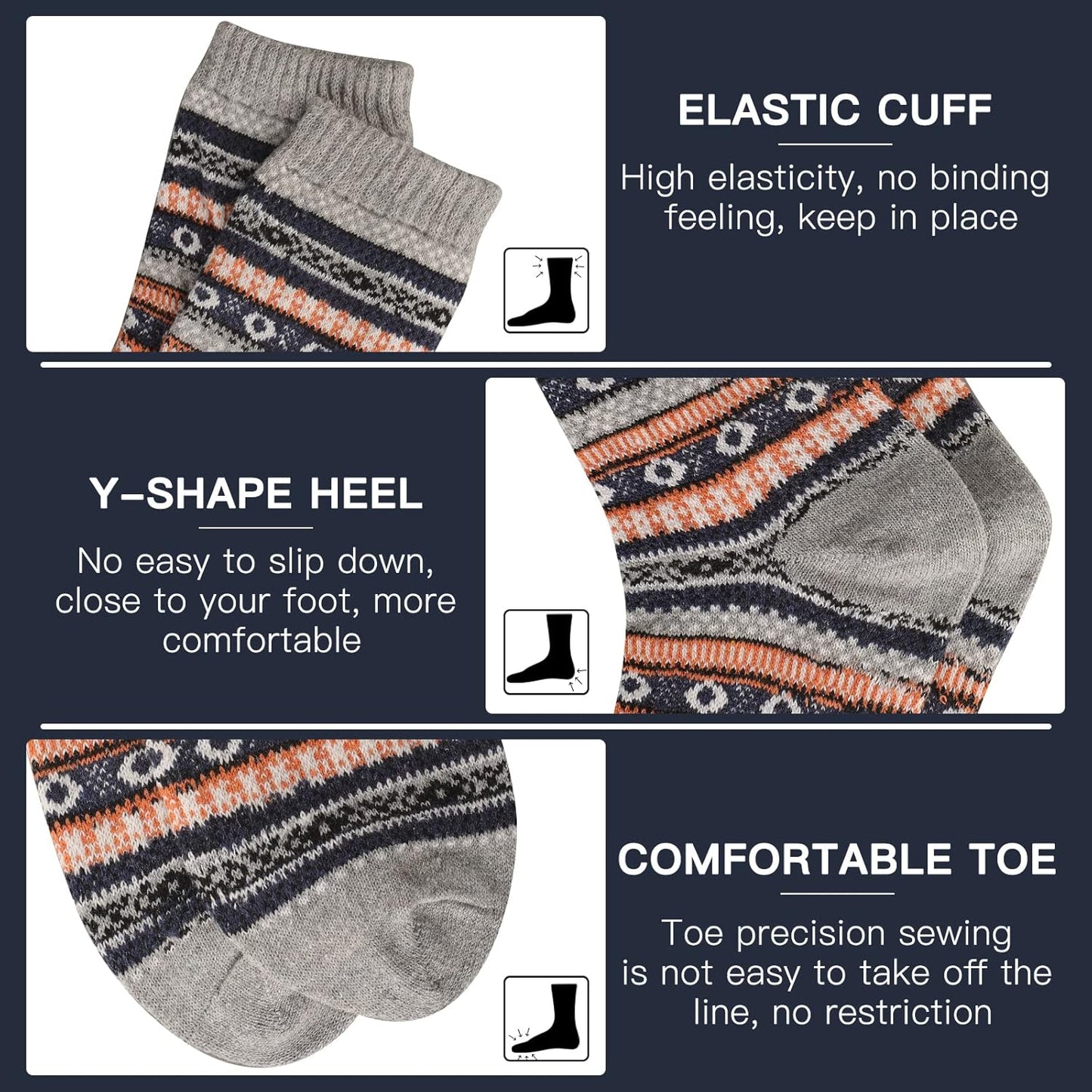 Graue Wollsocken mit elastischem Bund, Y-Ferse, bequemem Zeh, Norwegermuster.